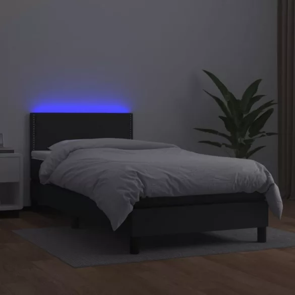 fekete műbőr rugós ágy matraccal és LED-del 80 x 200 cm