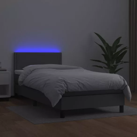 szürke műbőr rugós ágy matraccal és LED-del 80 x 200 cm