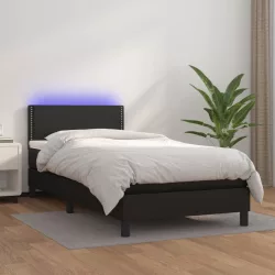 fekete műbőr rugós ágy matraccal és LED-del 90x190 cm