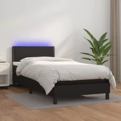 fekete műbőr rugós ágy matraccal és LED-del 90x200 cm