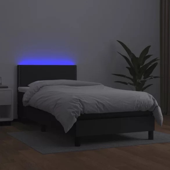 fekete műbőr rugós ágy matraccal és LED-del 90x200 cm
