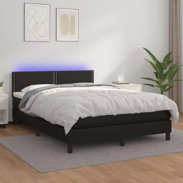 fekete műbőr rugós ágy matraccal és LED-del 140 x 190 cm