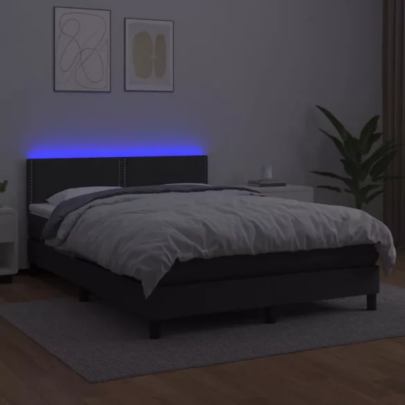 fekete műbőr rugós ágy matraccal és LED-del 140 x 190 cm
