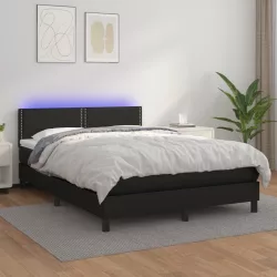 fekete műbőr rugós ágy matraccal és LED-del 140x200 cm