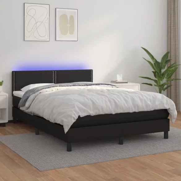 fekete műbőr rugós ágy matraccal és LED-del 140x200 cm