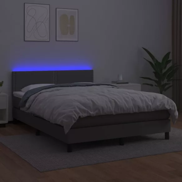 szürke műbőr rugós ágy matraccal és LED-del 140x200 cm