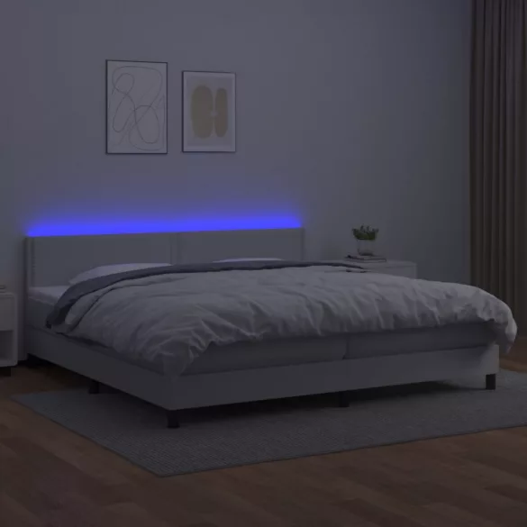 fehér műbőr rugós ágy matraccal és LED-del 200x200 cm