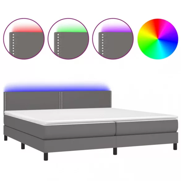 szürke műbőr rugós ágy matraccal és LED-del 200x200 cm