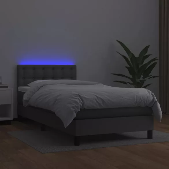 szürke műbőr rugós ágy matraccal és LED-del 80 x 200 cm