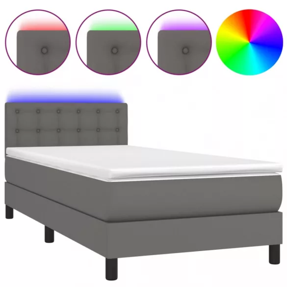 szürke műbőr rugós ágy matraccal és LED-del 90x190 cm