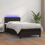fekete műbőr rugós ágy matraccal és LED-del 90x200 cm