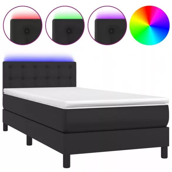 fekete műbőr rugós ágy matraccal és LED-del 90x200 cm