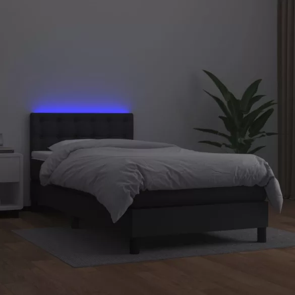 fekete műbőr rugós ágy matraccal és LED-del 90x200 cm