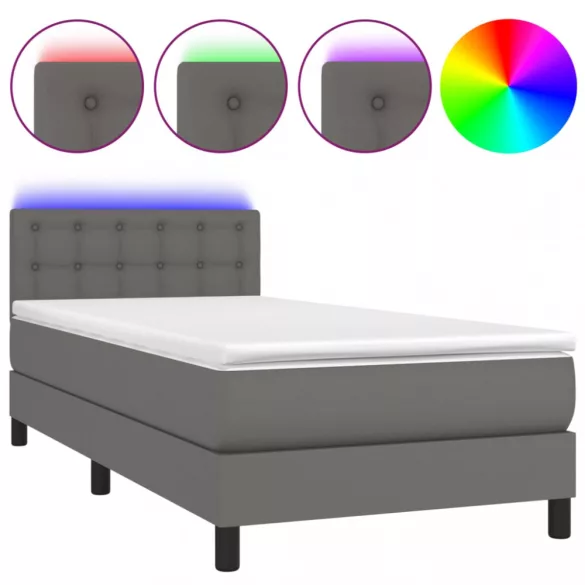 szürke műbőr rugós ágy matraccal és LED-del 90x200 cm
