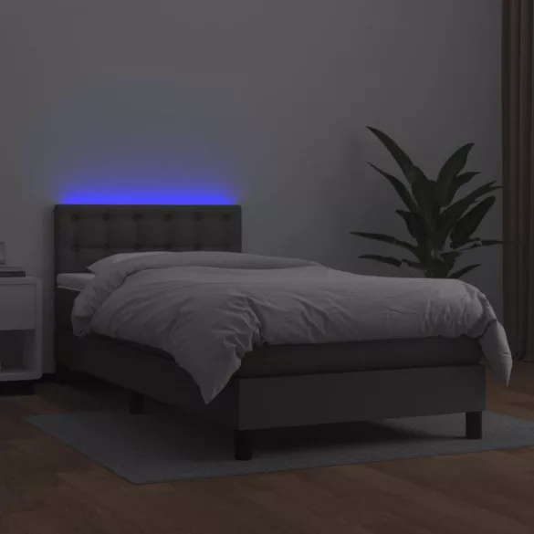 szürke műbőr rugós ágy matraccal és LED-del 90x200 cm