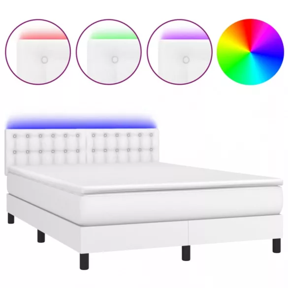 fehér műbőr rugós ágy matraccal és LED-del 140x190 cm