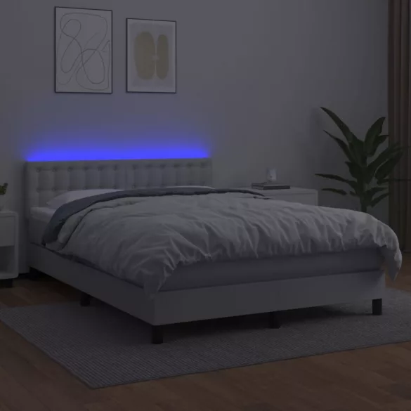 fehér műbőr rugós ágy matraccal és LED-del 140x190 cm