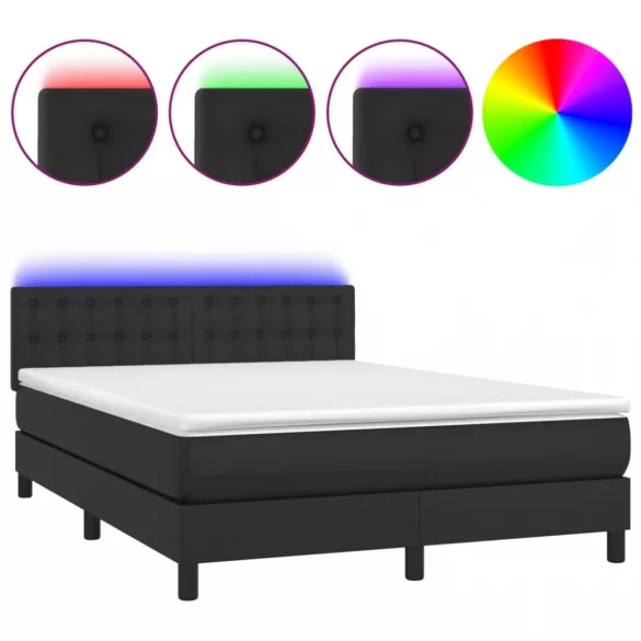fekete műbőr rugós ágy matraccal és LED-del 140x200 cm