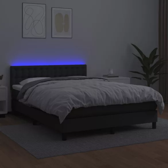 fekete műbőr rugós ágy matraccal és LED-del 140x200 cm