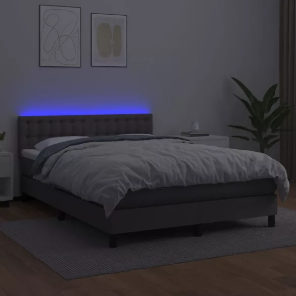 szürke műbőr rugós ágy matraccal és LED-del 140x200 cm