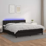 fekete műbőr rugós ágy matraccal és LED-del 160x200 cm
