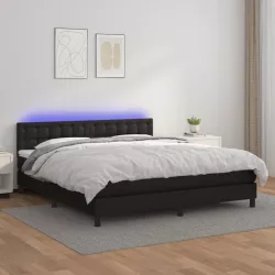 fekete műbőr rugós ágy matraccal és LED-del 160x200 cm