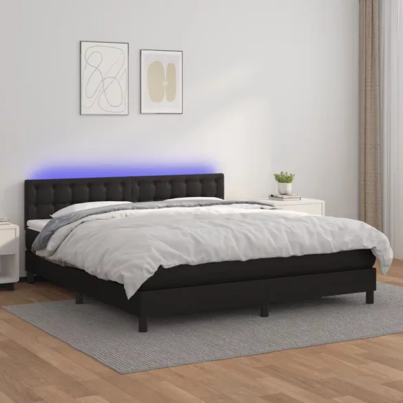fekete műbőr rugós ágy matraccal és LED-del 160x200 cm