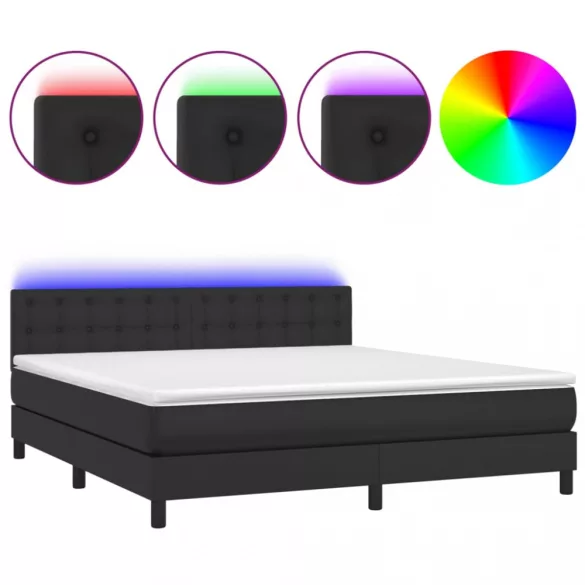 fekete műbőr rugós ágy matraccal és LED-del 160x200 cm