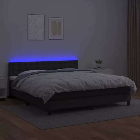 fekete műbőr rugós ágy matraccal és LED-del 160x200 cm