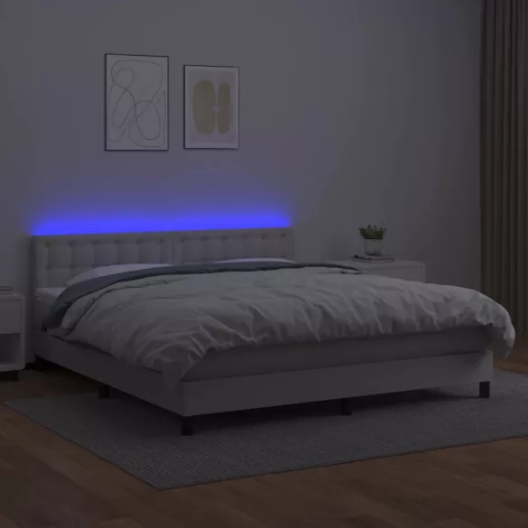 fehér műbőr rugós ágy matraccal és LED-del 160x200 cm