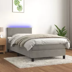   világosszürke bársony rugós és LED-es ágy matraccal 90x190 cm