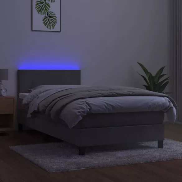világosszürke bársony rugós és LED-es ágy matraccal 90x190 cm