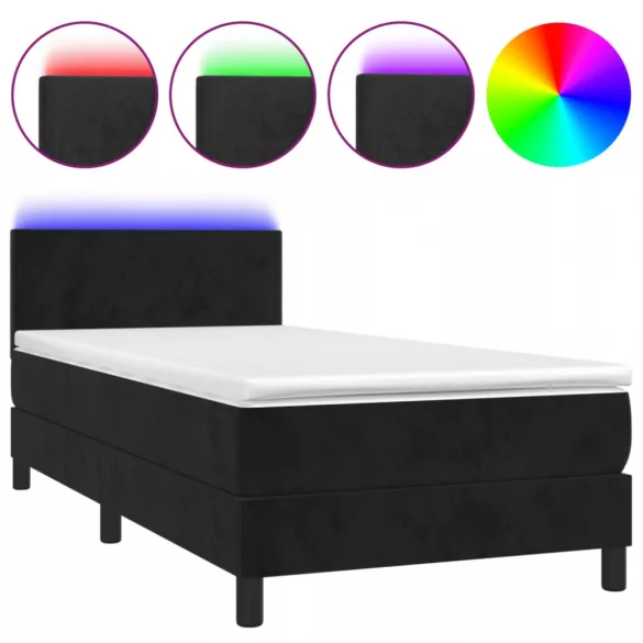 fekete bársony rugós és LED-es ágy matraccal 90x190 cm