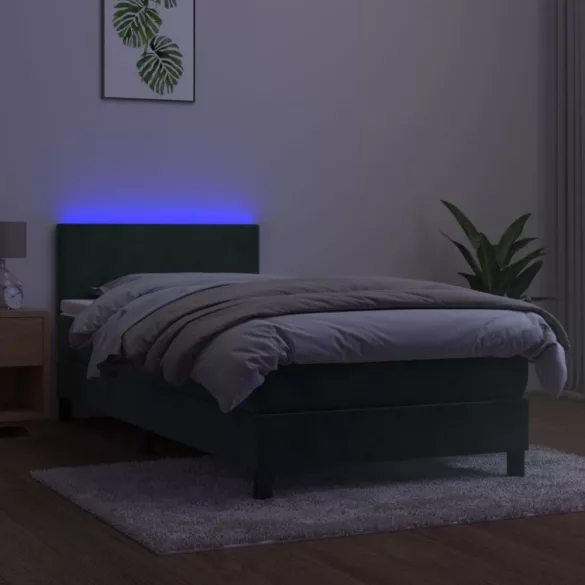 sötétzöld bársony rugós és LED-es ágy matraccal 90x200 cm