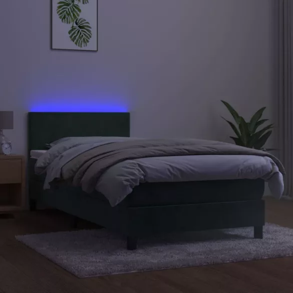 sötétzöld bársony rugós és LED-es ágy matraccal 100x200 cm