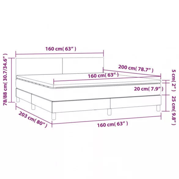 világosszürke bársony rugós és LED-es ágy matraccal 160x200 cm