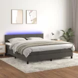 sötétszürke bársony rugós és LED-es ágy matraccal 160x200 cm