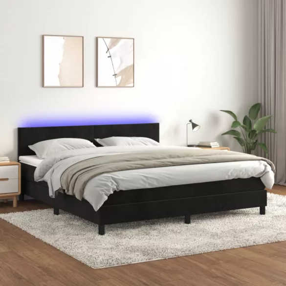 fekete bársony rugós és LED-es ágy matraccal 160x200 cm