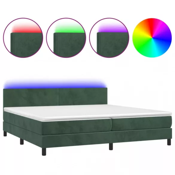 sötétzöld bársony rugós és LED-es ágy matraccal 200x200 cm