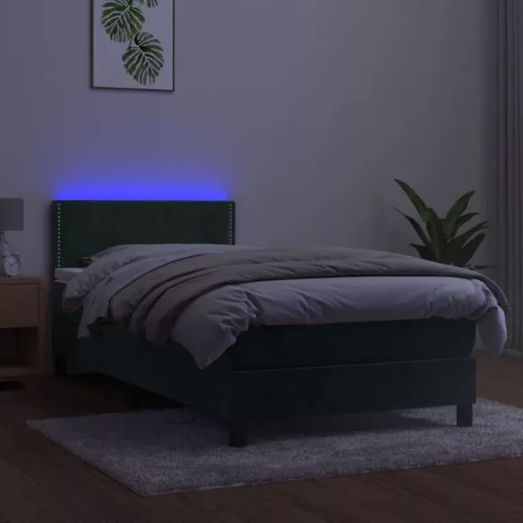 sötétzöld bársony rugós és LED-es ágy matraccal 80 x 200 cm