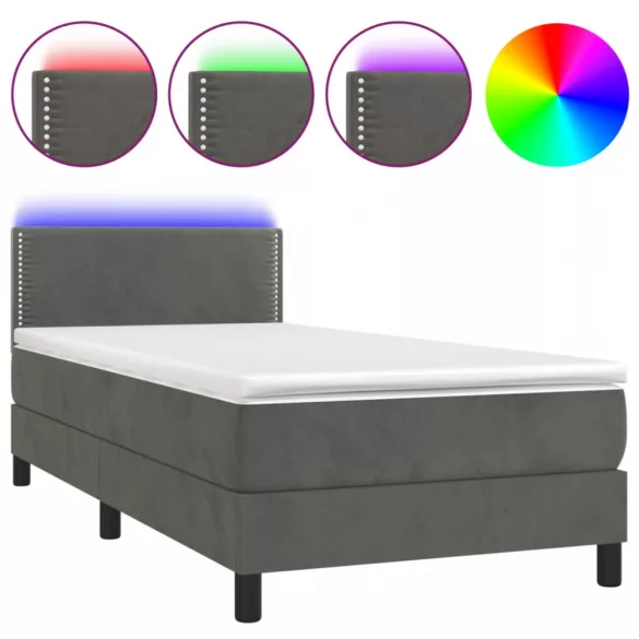 sötétszürke bársony rugós és LED-es ágy matraccal 90x190 cm