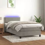 világosszürke bársony rugós és LED-es ágy matraccal 90x200 cm