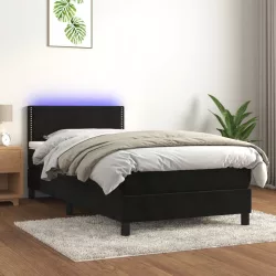 fekete bársony rugós és LED-es ágy matraccal 100x200 cm