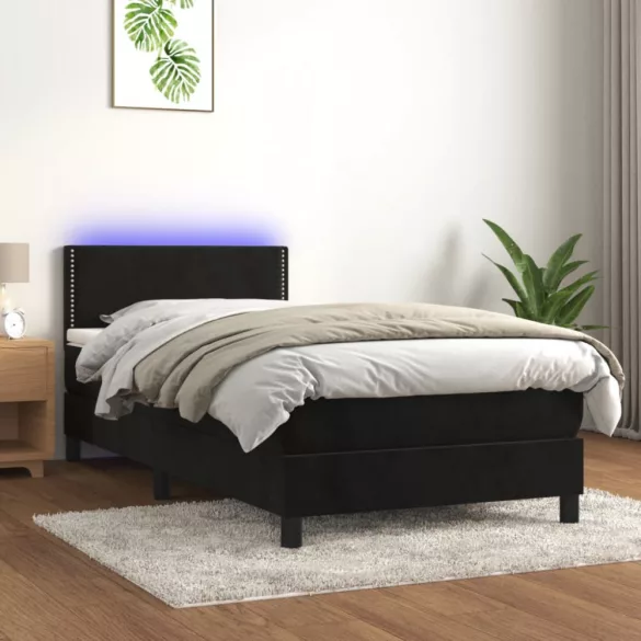 fekete bársony rugós és LED-es ágy matraccal 100x200 cm