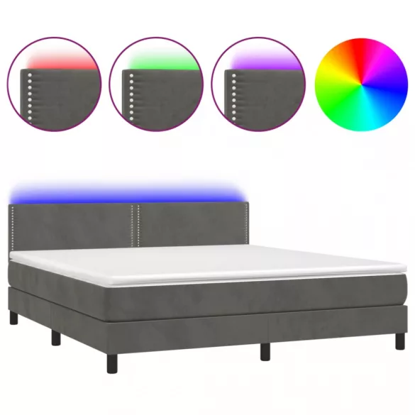 sötétszürke bársony rugós és LED-es ágy matraccal 160x200 cm