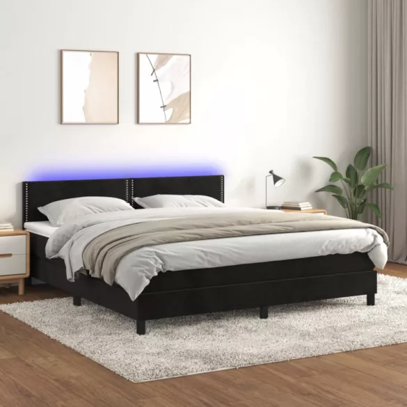 fekete bársony rugós és LED-es ágy matraccal 160x200 cm