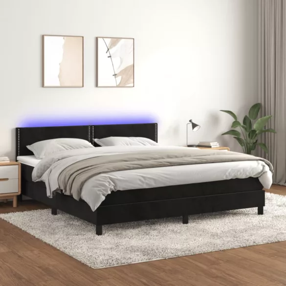 fekete bársony rugós és LED-es ágy matraccal 180x200 cm