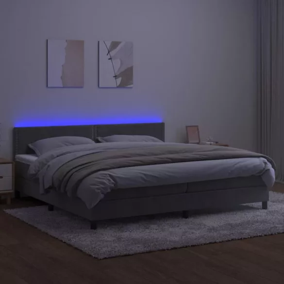 világosszürke bársony rugós és LED-es ágy matraccal 200x200 cm