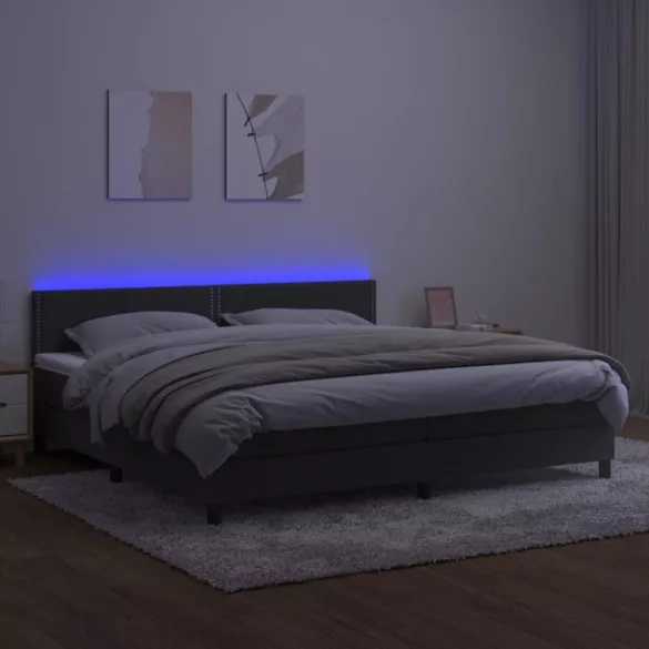 sötétszürke bársony rugós és LED-es ágy matraccal 200x200 cm