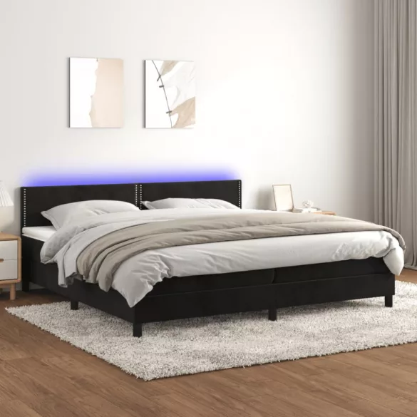fekete bársony rugós és LED-es ágy matraccal 200x200 cm